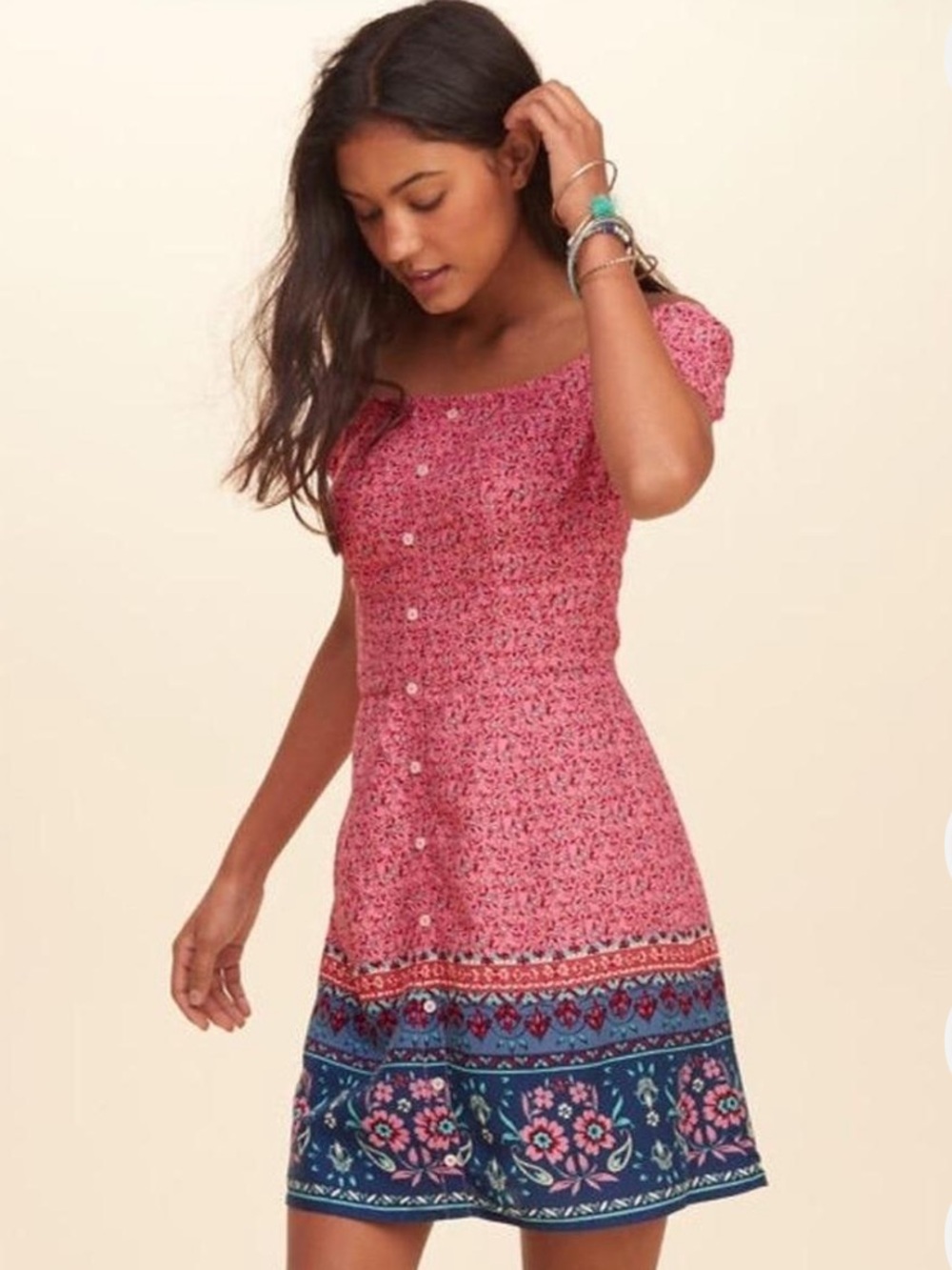Hollister Vintage-Style Floral Mini Dress – Pink & Navy M hollister